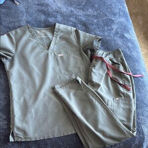 FIGS Sage Green Scrub Set with Red Accent